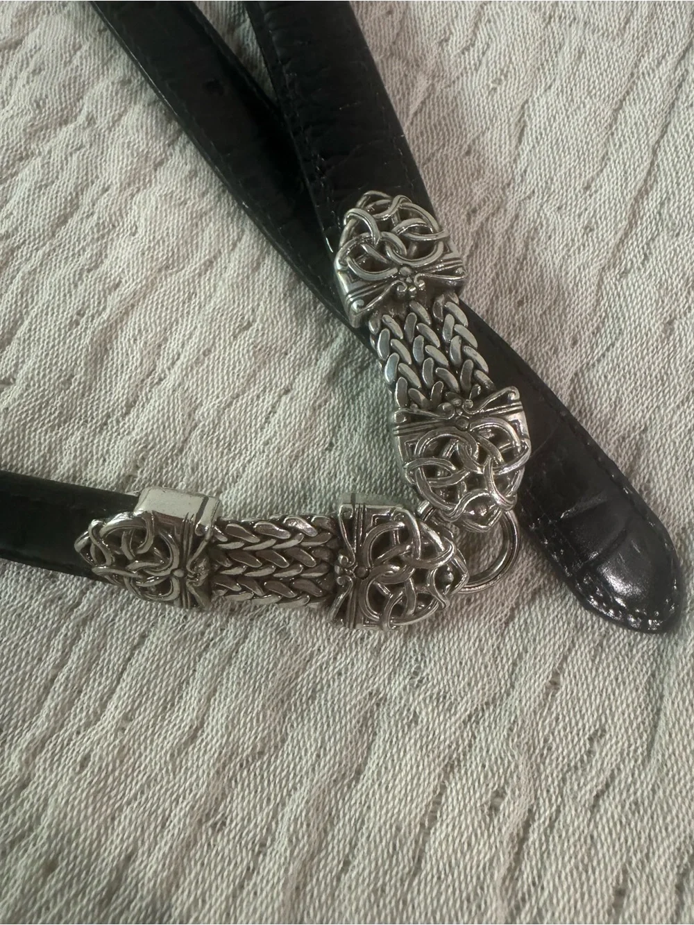 VTG Brighton Black Leather Belt Silver Celtic Scroll Link Mesh Accent Size M/30